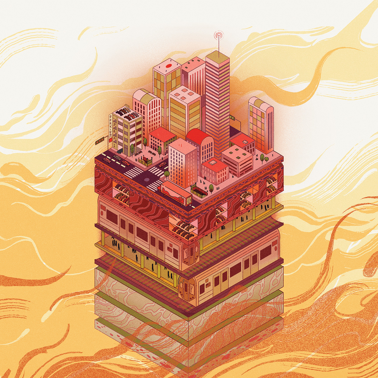 A warmly colored illustration shows a city and its underneath layers, with abstract flames surrounding it.