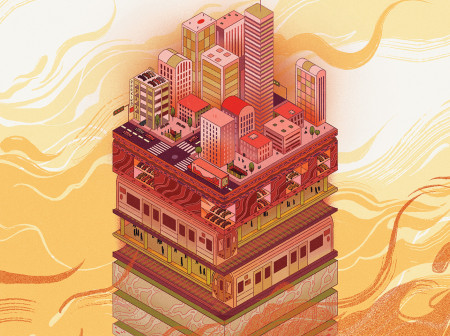 A warmly colored illustration shows a city and its underneath layers, with abstract flames surrounding it.