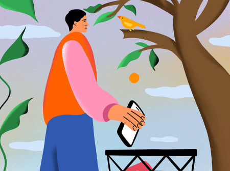 An illustration of a person holding their phone over a trash can in an outdoor setting. The trash is filled with icons representing Likes and Messages. 