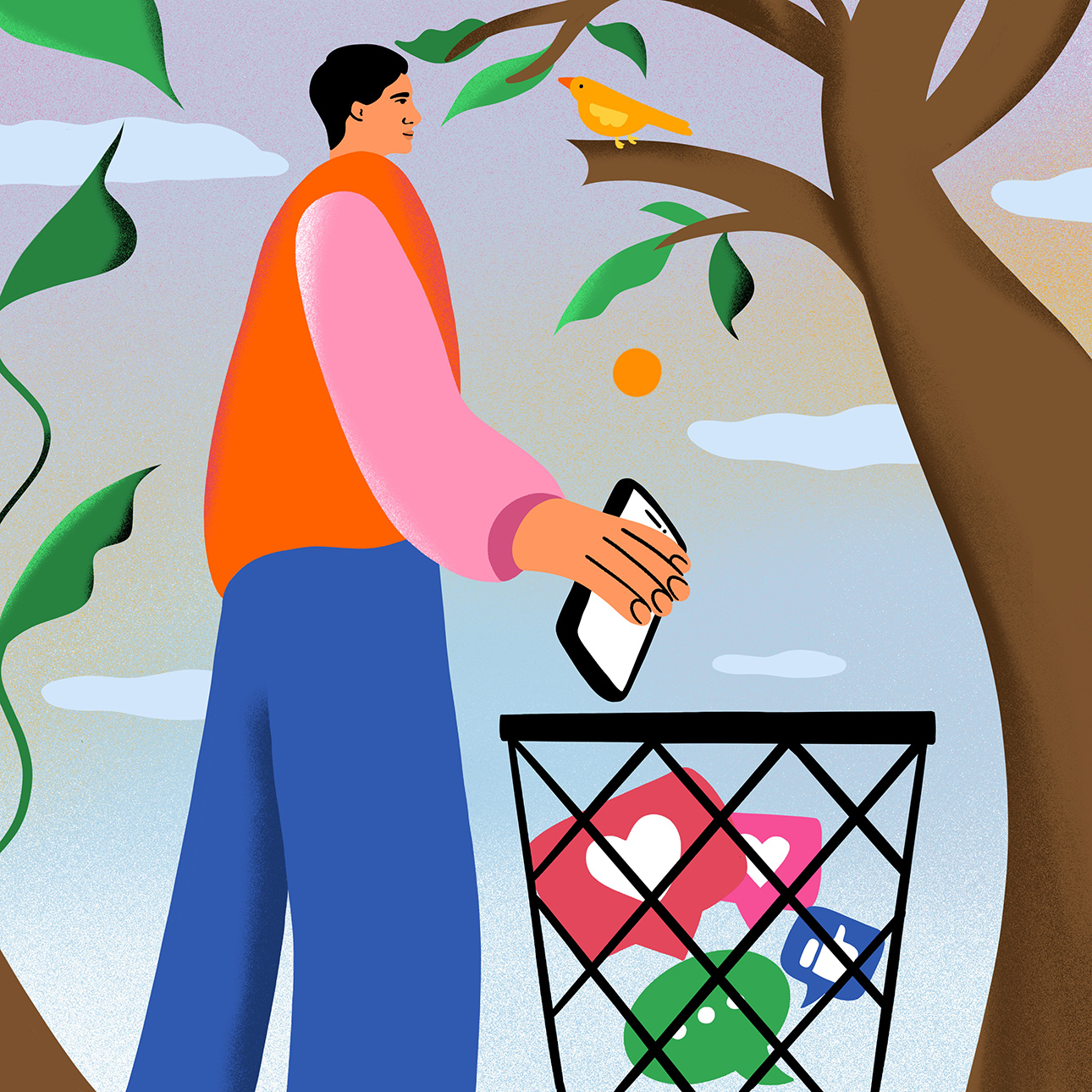 An illustration of a person holding their phone over a trash can in an outdoor setting. The trash is filled with icons representing Likes and Messages. 