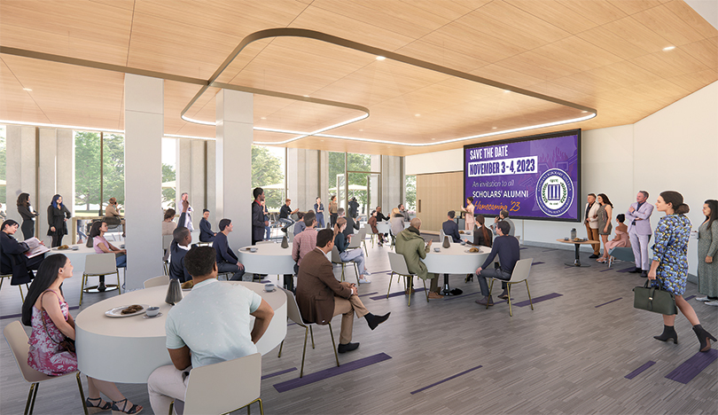 A digital rendering of the renovated Jacobs Center shows a well-lit conference room with wood flooring, a wood ceiling and large windows. People sit at white tables, looking towards a presenter and large screen at the front of the room. 