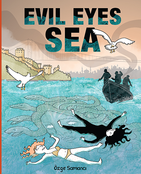 The cover of Evil Eyes Sea shows two women floating on their backs in a body of water, one wearing a tan bikini and one in a black wetsuit. Under the water is a large Medusa head with snakes for hair and a city skyline can be seen in the background. There is a silhouette of a boat with three passengers in the background, one of them holding a gun, and two seagulls flying overhead. 