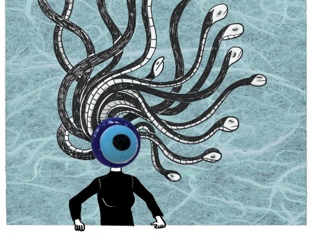 A mixed media illustration depicts a woman wearing a black long sleeve turtleneck with an evil eye in place of her head and Medusa-like snakes for hair against a blue background resembling water. 