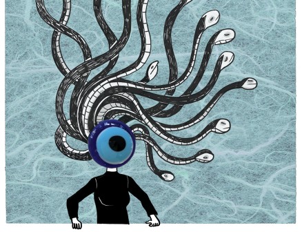 A mixed media illustration depicts a woman wearing a black long sleeve turtleneck with an evil eye in place of her head and Medusa-like snakes for hair against a blue background resembling water. 