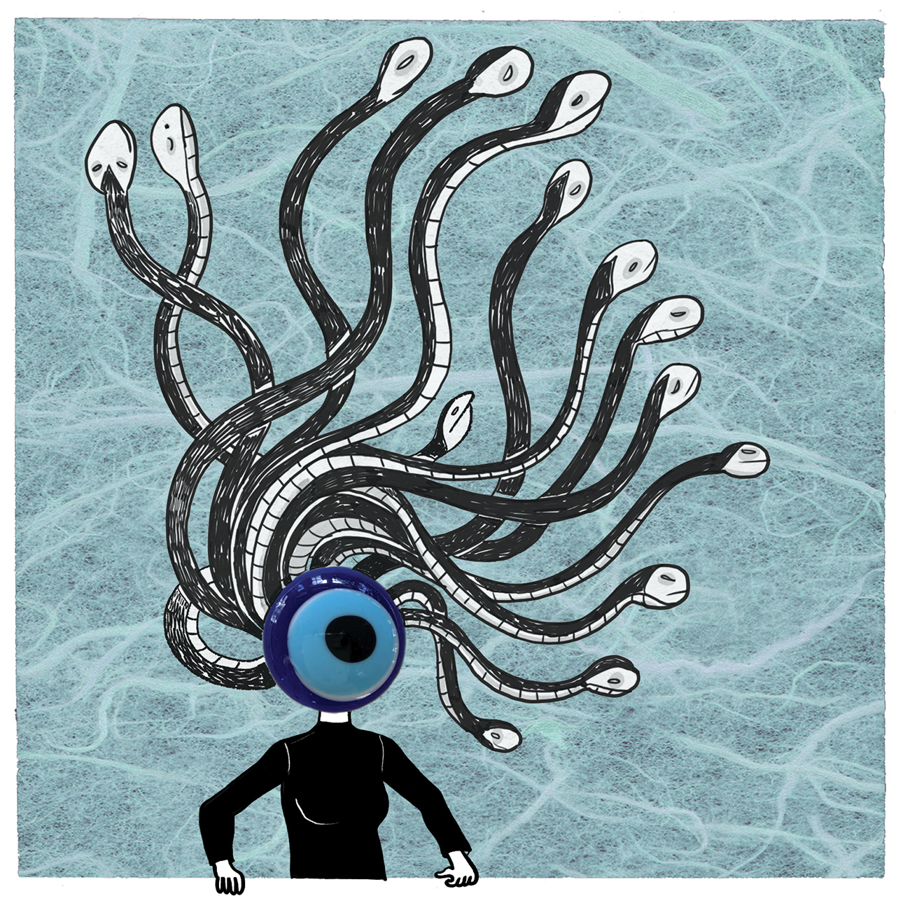 A mixed media illustration depicts a woman wearing a black long sleeve turtleneck with an evil eye in place of her head and Medusa-like snakes for hair against a blue background resembling water. 