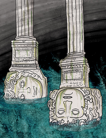 An illustration depicts two stone pillars in a body of water with carved heads of Medusa at the bases, one on its side and one upside down.