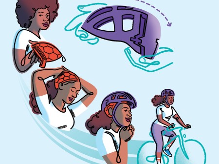 An illustration depicts a pair of hands holding a purple bike helmet, with two arrows pointing right and left to indicate the helmet expansion mechanism. The illustration also shows a series of images: a woman holding an orange compression accessory, securing it on her head to compress her hair, then fastening the purple helmet over her head and riding a bicycle.