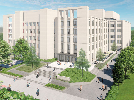 A digital rendering of the renovated Jacobs Center shows a concrete building next to a large lawn, with people scattered across the front steps and nearby walkways. 