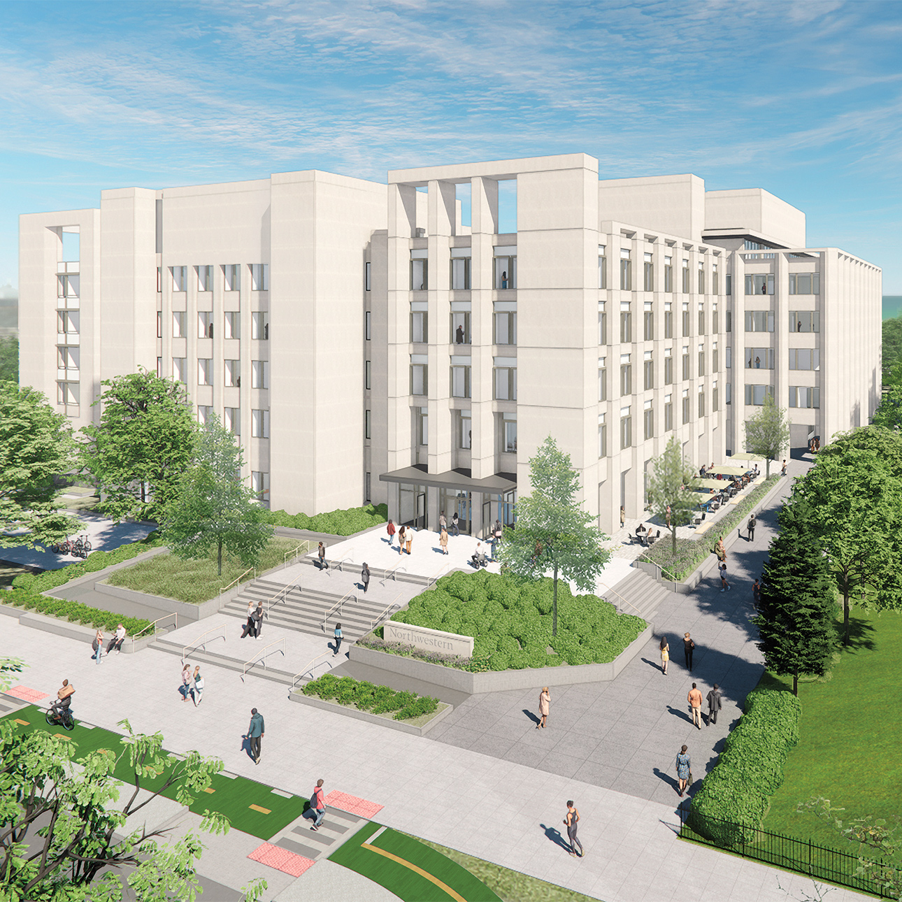 A digital rendering of the renovated Jacobs Center shows a concrete building next to a large lawn, with people scattered across the front steps and nearby walkways. 