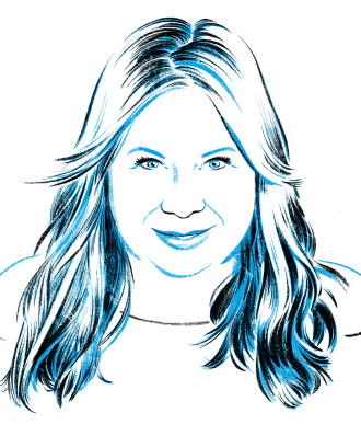 A black and white illustration of a headshot of Julie Plec smiling.