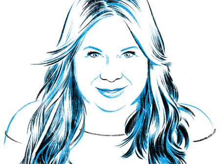 A black and white illustration of a headshot of Julie Plec smiling.