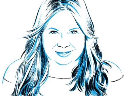 A black and white illustration of a headshot of Julie Plec smiling.