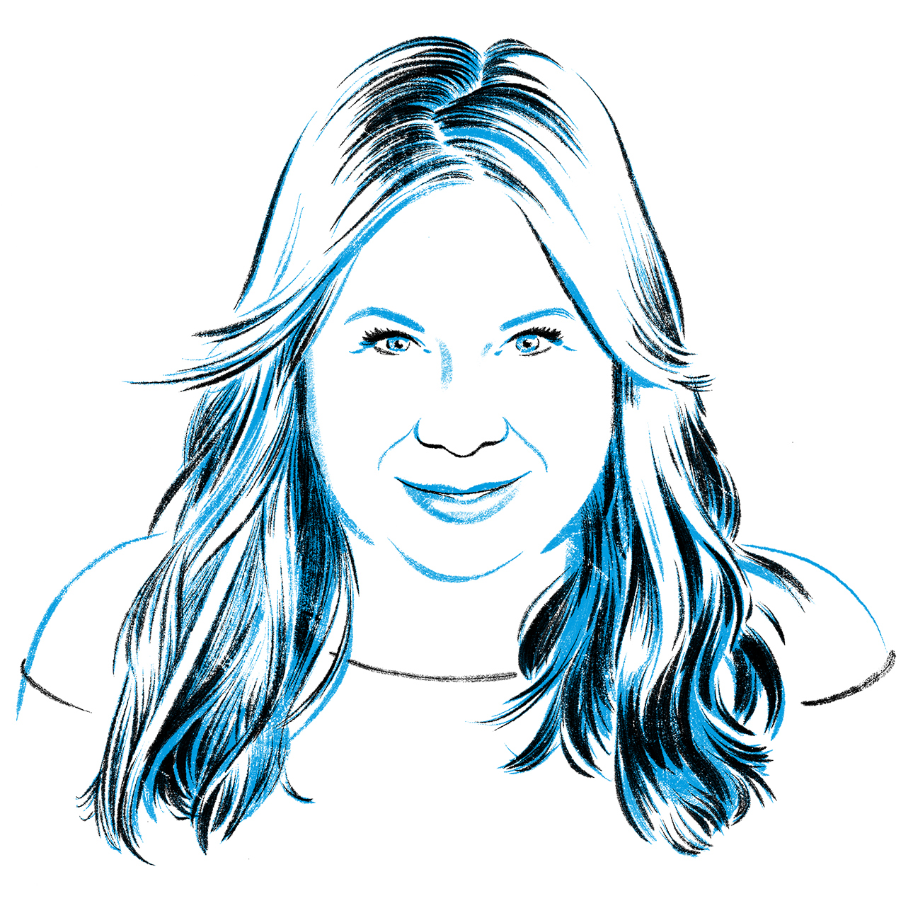 A black and white illustration of a headshot of Julie Plec smiling.