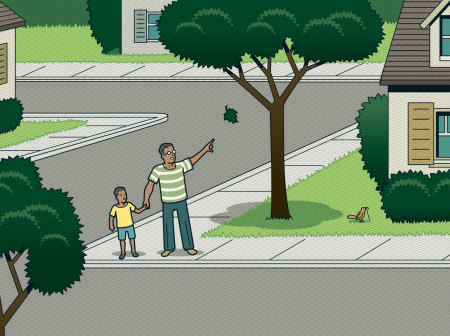 Illustration of a parent and child looking at a leaf falling