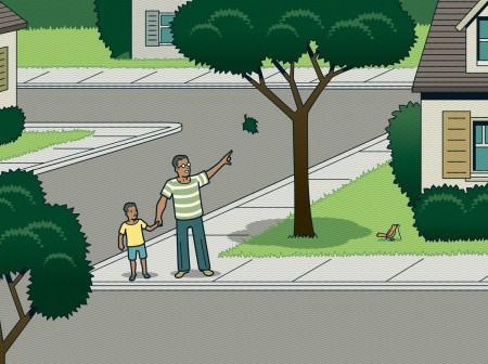 Illustration of a parent and child looking at a leaf falling
