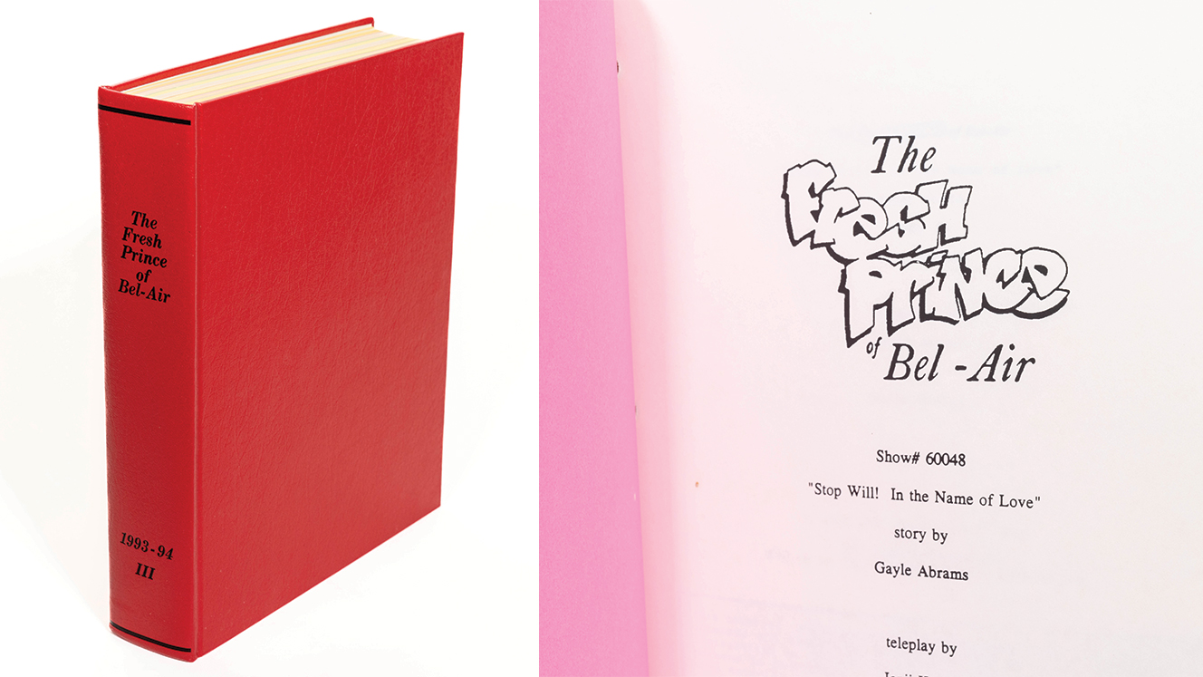 The Fresh Prince of Bel-Air script that is a red-binded book.