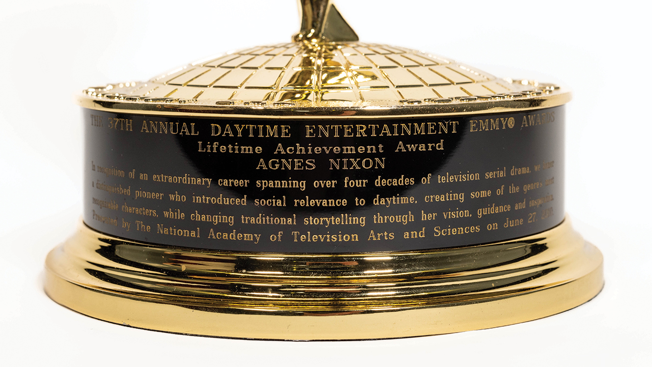 A close up shot of Agnes Nixon's Emmy.