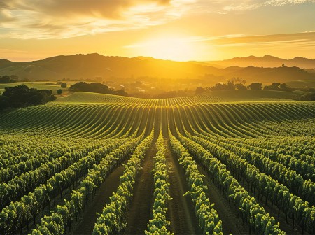 A photo of a crop field with many uniform rows of unidentified green plants growing. The crop field extends far into the distance, where some mountains are visible against a horizon and a setting sun. The sky is slightly cloudy.