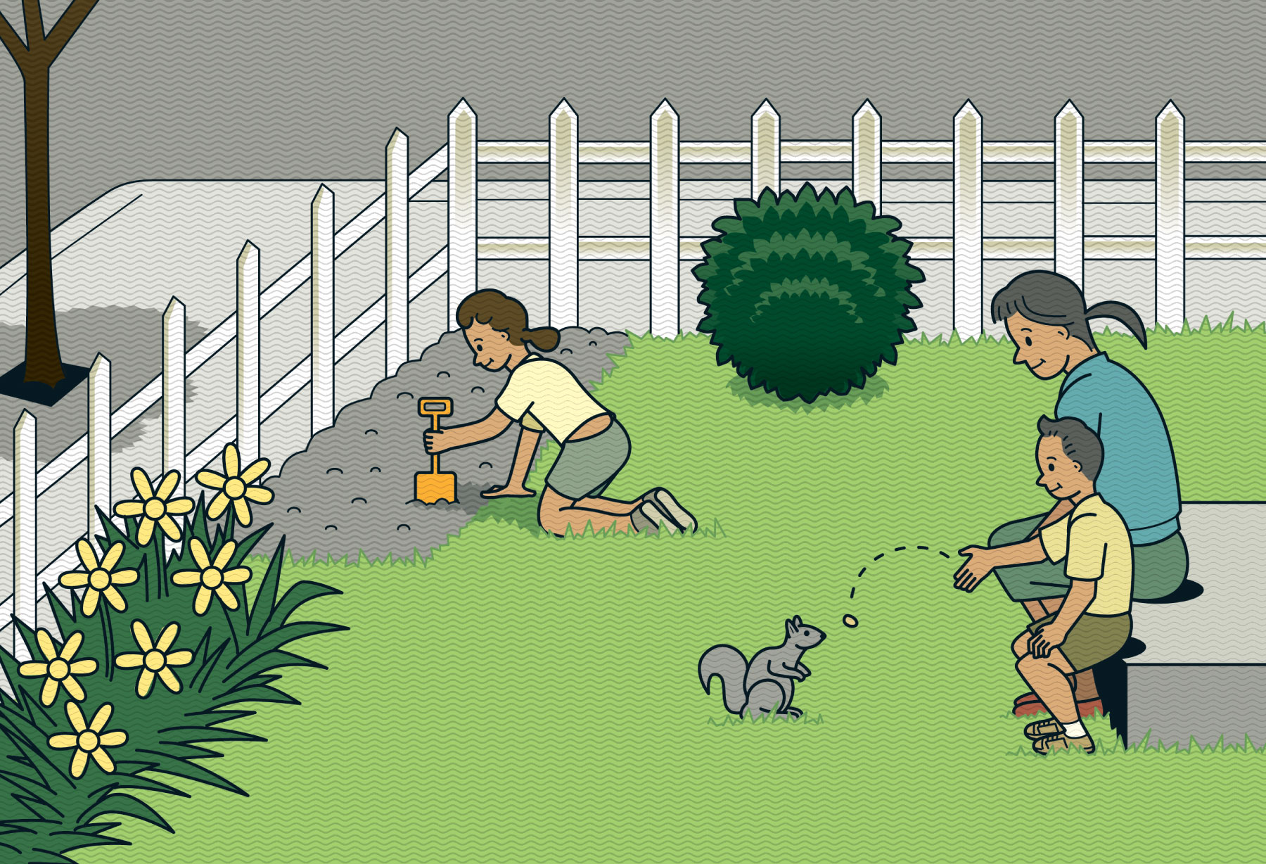 Illustration of a family playing outside.