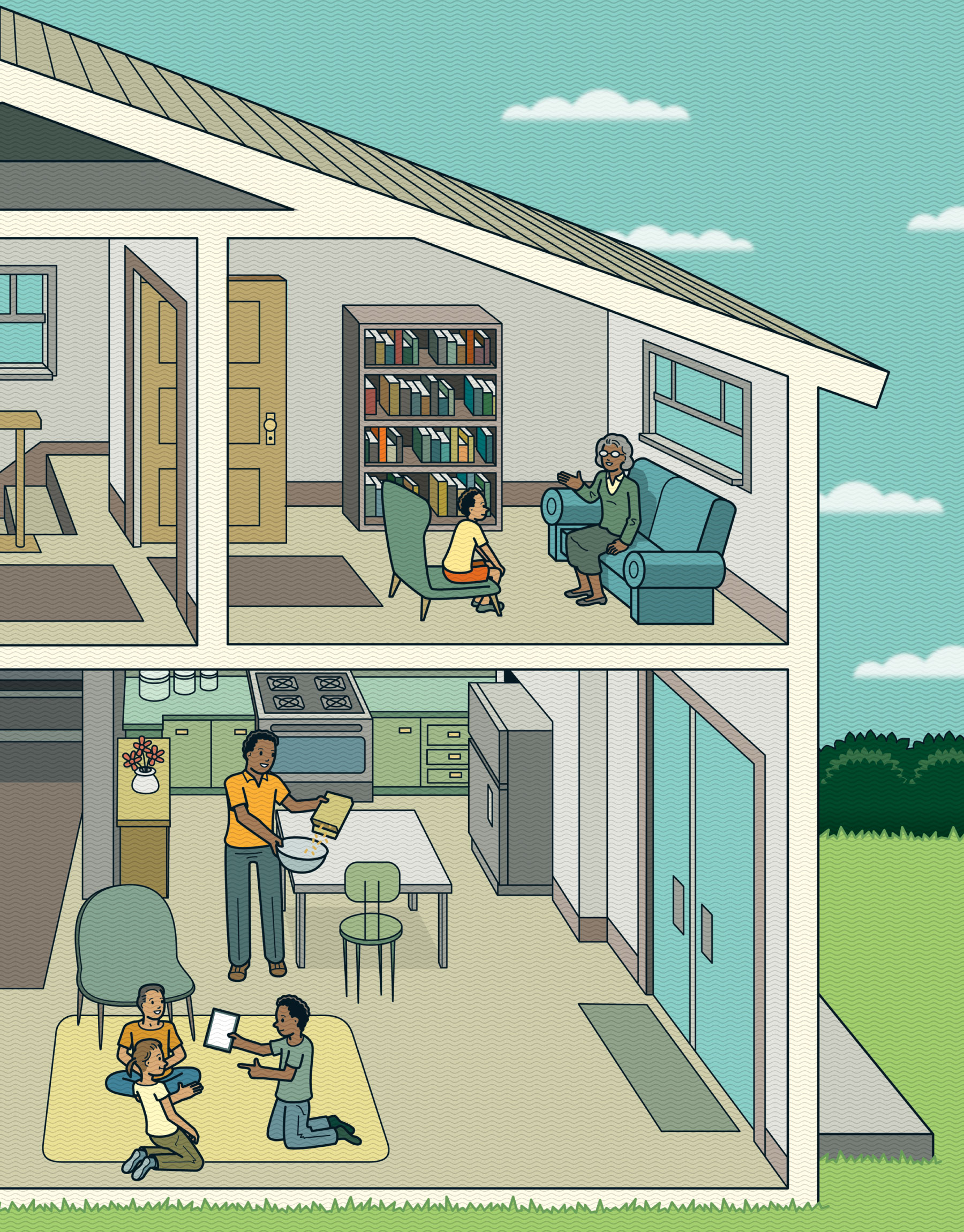 Illustration of an interior home with 2 families talking
