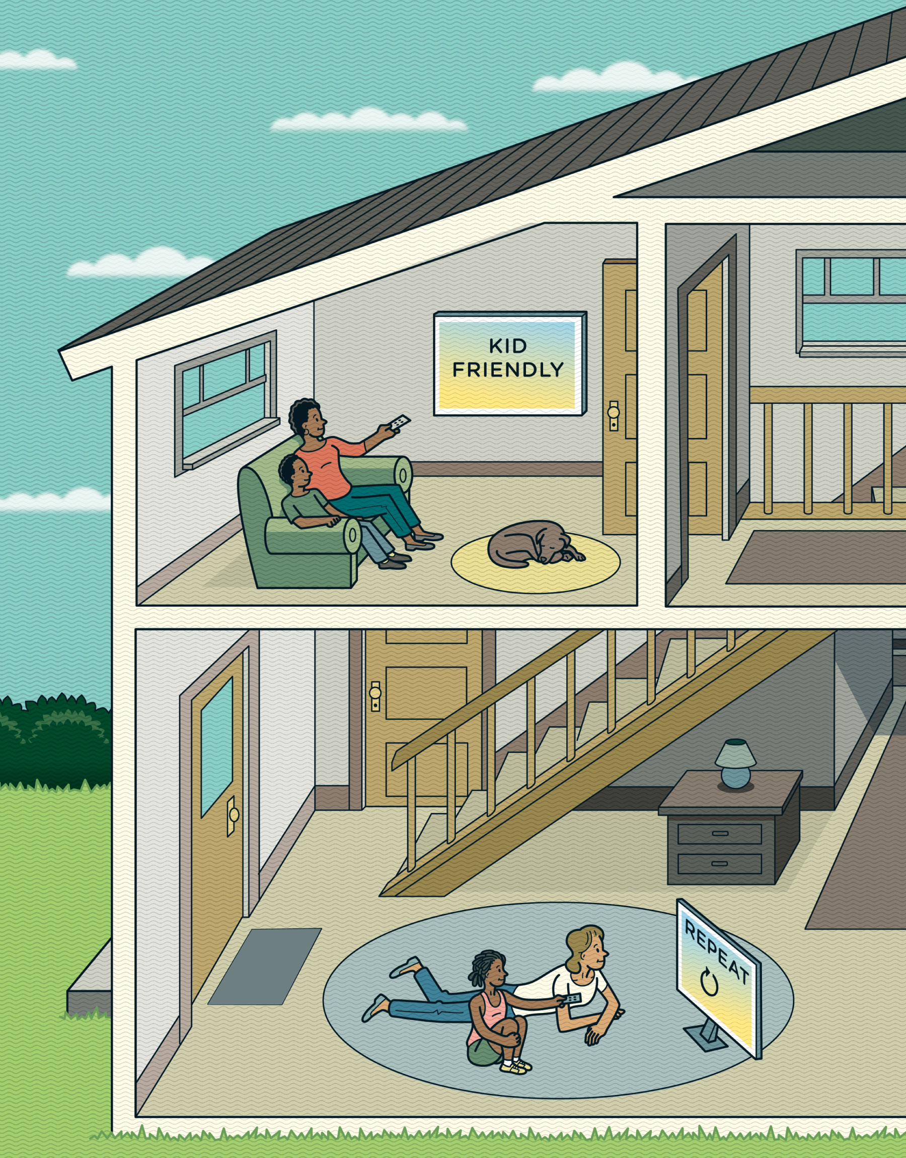 Illustration of an interior home with 2 families watching television