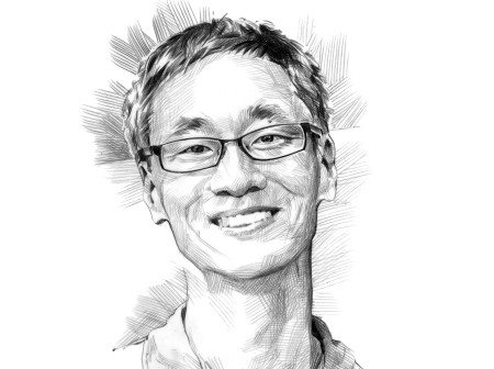 A black and white pencil-drawn illustration of Andrew Youn wearing rectangular glasses and smiling at the viewer.