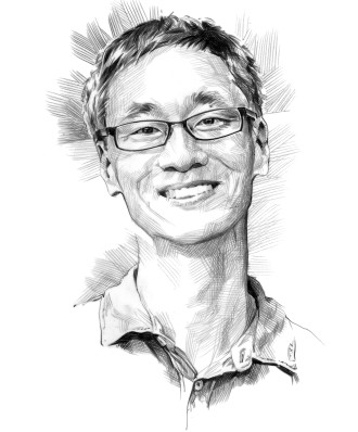 A black and white pencil-drawn illustration of Andrew Youn wearing rectangular glasses and smiling at the viewer.