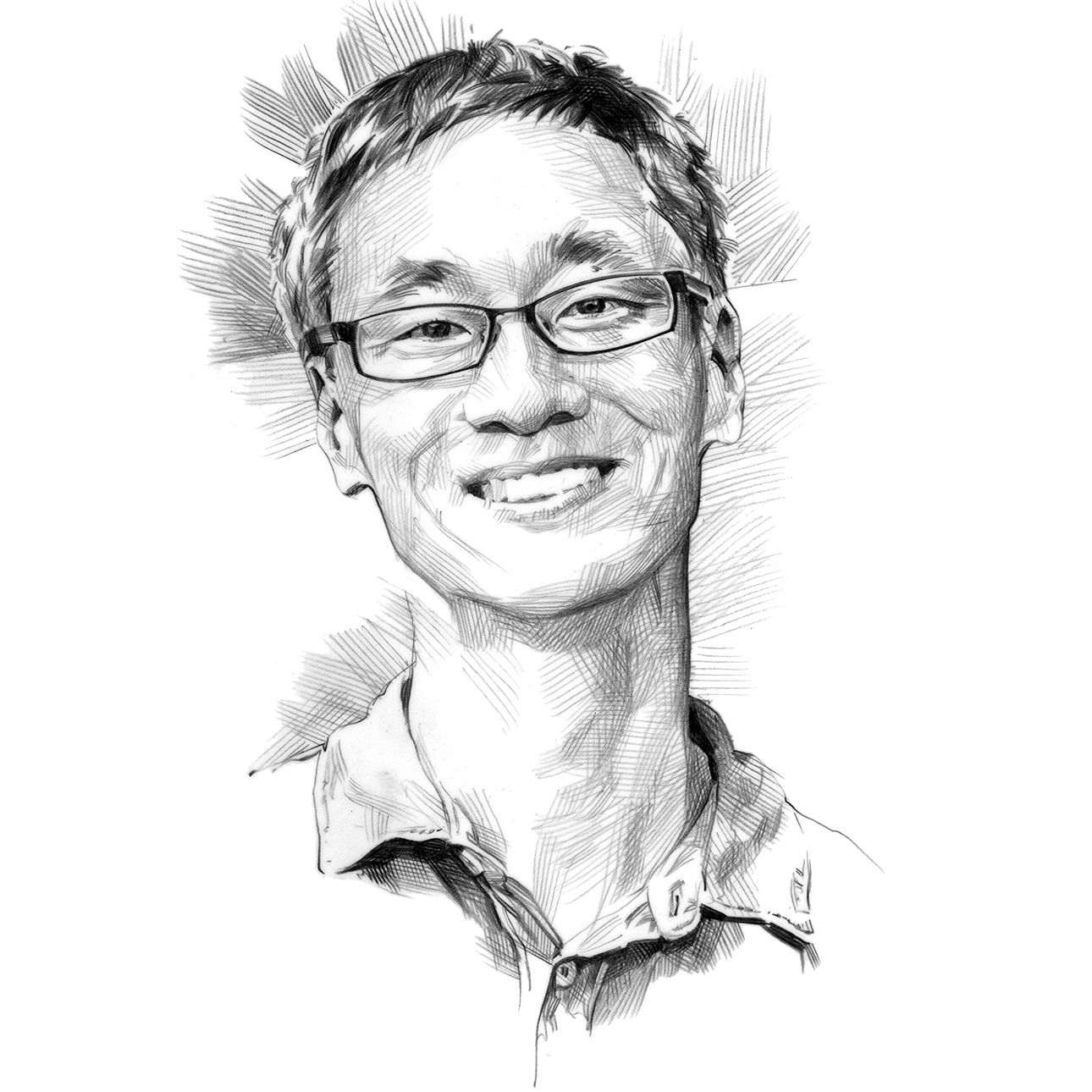 A black and white pencil-drawn illustration of Andrew Youn wearing rectangular glasses and smiling at the viewer.