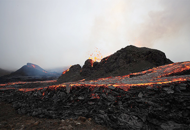 Lava spews from a volcanic fissure near Fagradalsfjall, Iceland.