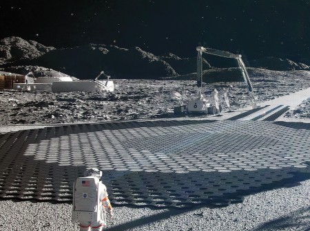 A rendering of a multi-purpose construction system on the moon. 