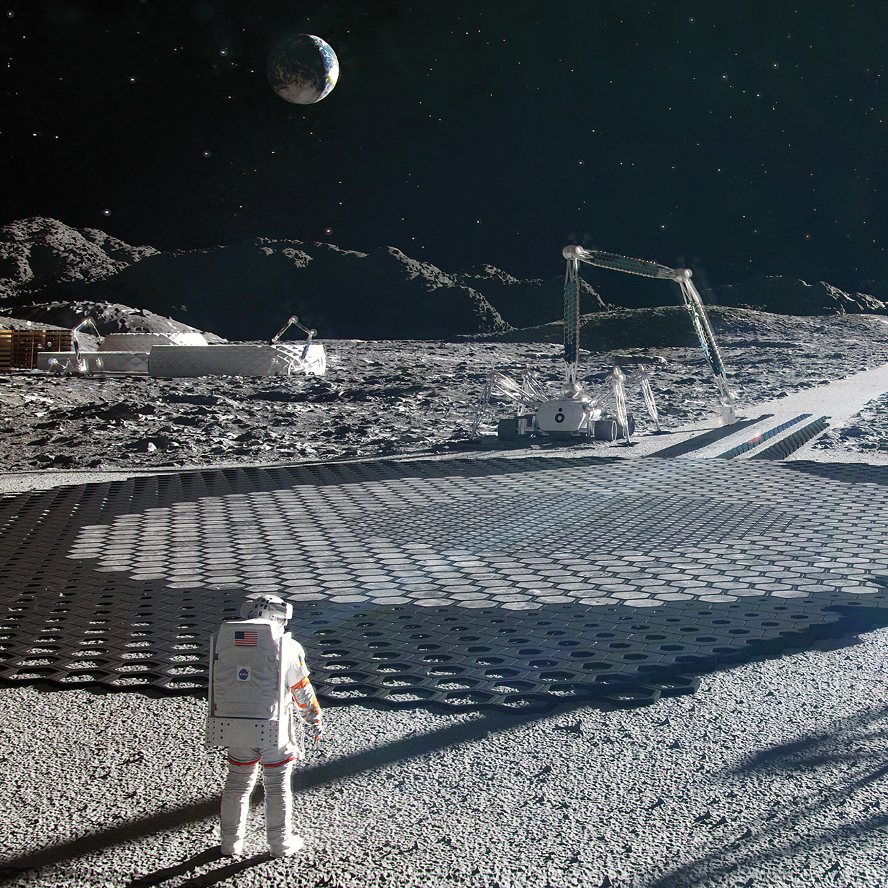 A rendering of a multi-purpose construction system on the moon. 