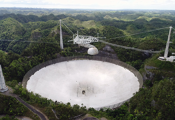The Arecibo Telescope in Puerto Rico, a facility of the National Science Foundation, surrounded by trees.