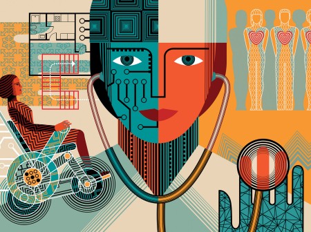 Geometric illustration featuring futuristic wheelchairs and doctors