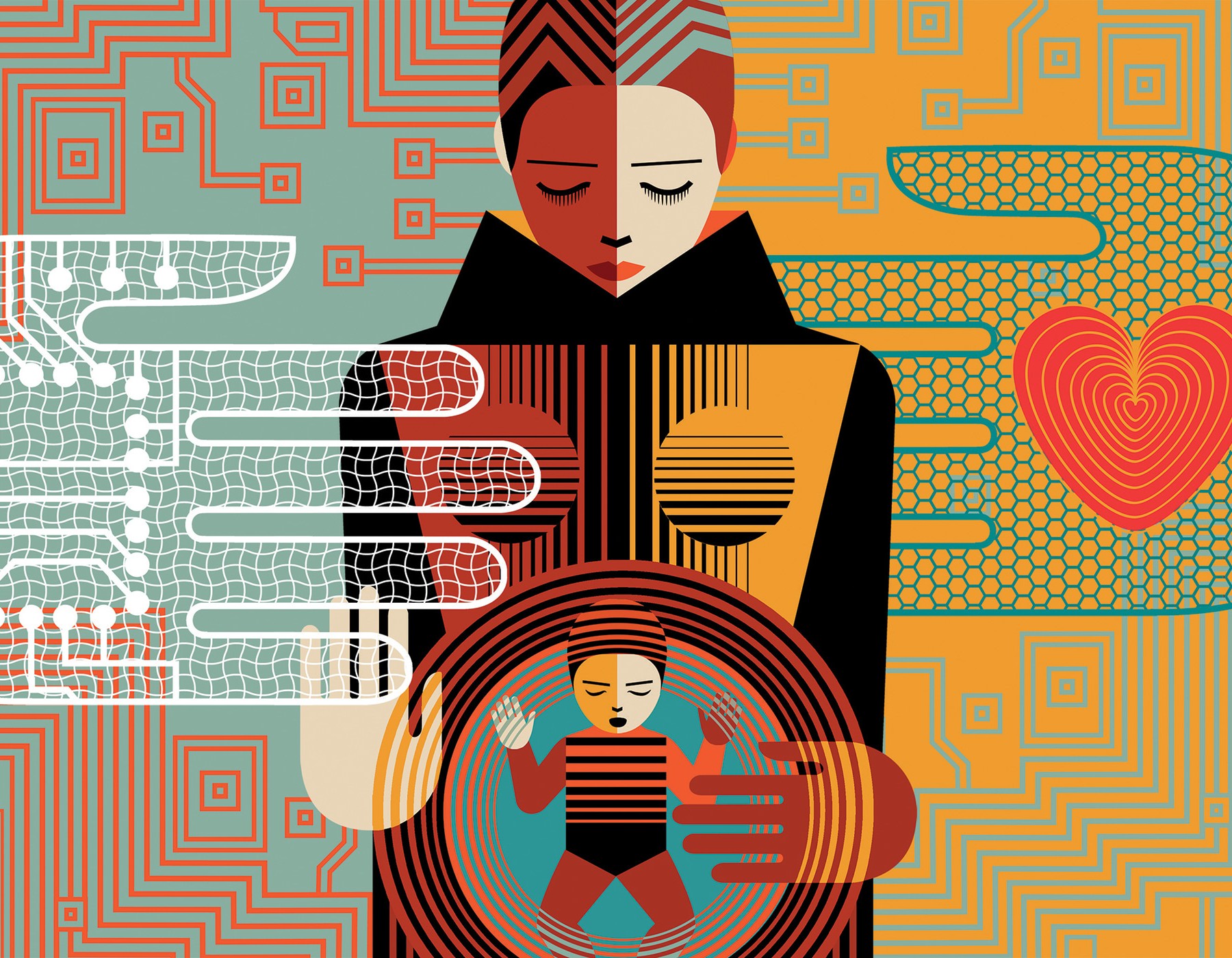 Geometric illustration featuring futuristic woman with a baby