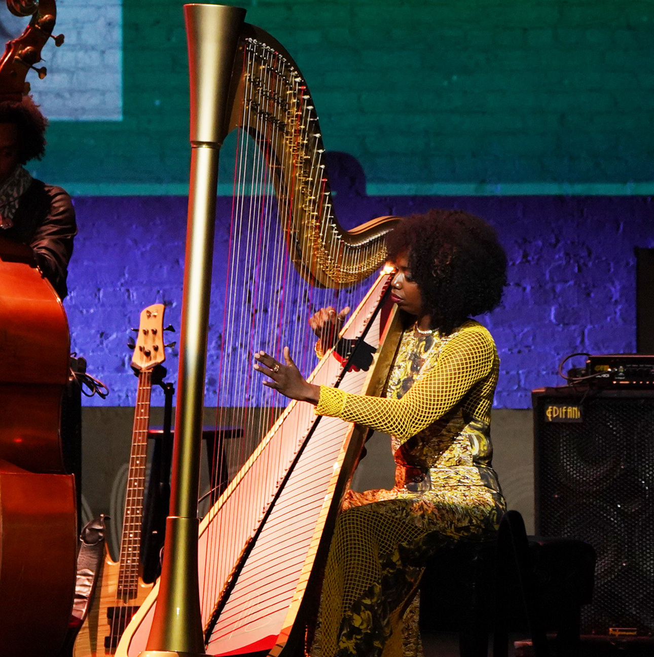 Portrait of grammy-nominated harpist Brandee Younger playing the harp