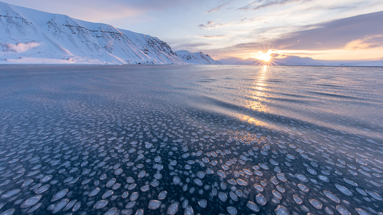 Ice dots the ocean next to large mountains and a rising sun