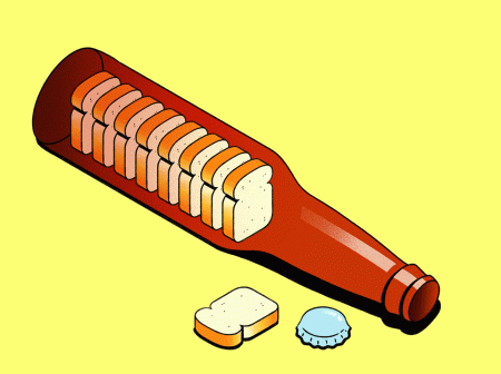 Gif of an illustration of a beer bottle with little bread slice dominoes falling inside the bottle.