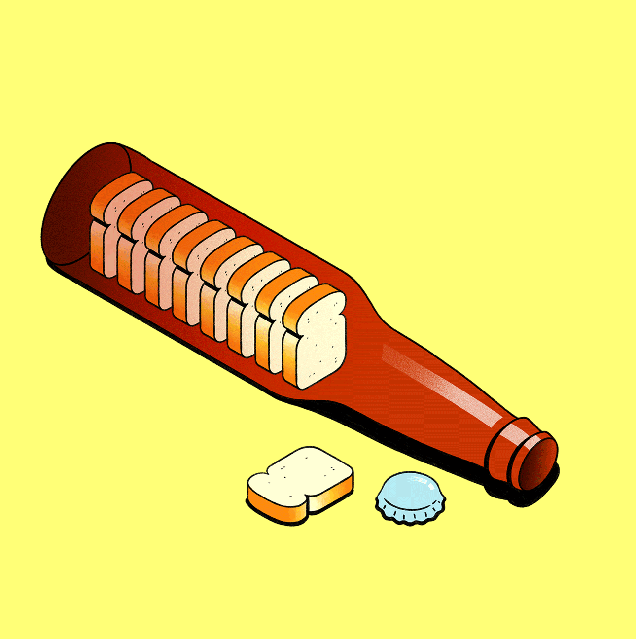 Gif of an illustration of a beer bottle with little bread slice dominoes falling inside the bottle.