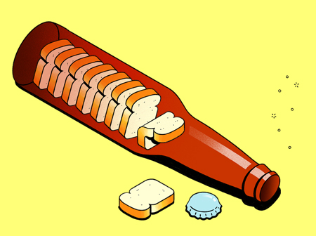 Gif of an illustration of a beer bottle with little bread slice dominoes falling inside the bottle.