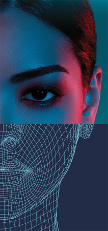 An illustration of the right side of a woman’s face, with the bottom half obstructed by digital netting.