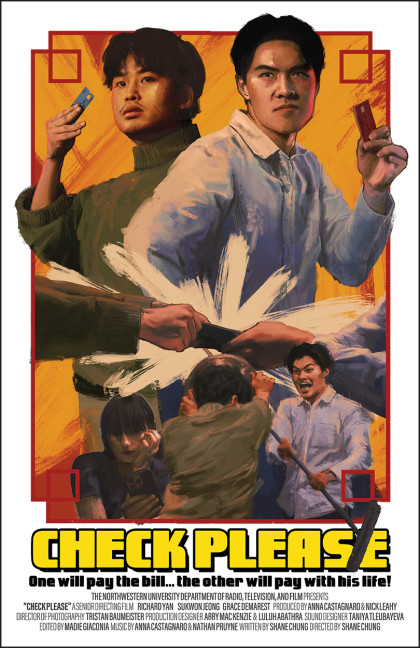 A movie poster for Check Please, showing two actors holding credit cards like ninja stars. Farther down on the poster, the same two actors are fighting with each other while another actor appears bored, checking her phone.
