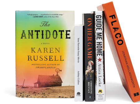 A photograph of five books leaning on each other, including The Antidote by Karen Russell; Your Favorite Scary Movie: How the Scream Films Rewrote the Rules of Horror by Ashley Cullins; On Her Game: Caitlin Clark and the Revolution in Women’s Sports by Christine Brennan; Guide Me Home by Attica Locke; and Flaco: The Owl Who Escaped Captivity and Won the Hearts of the World by Jonathan Hollingsworth.