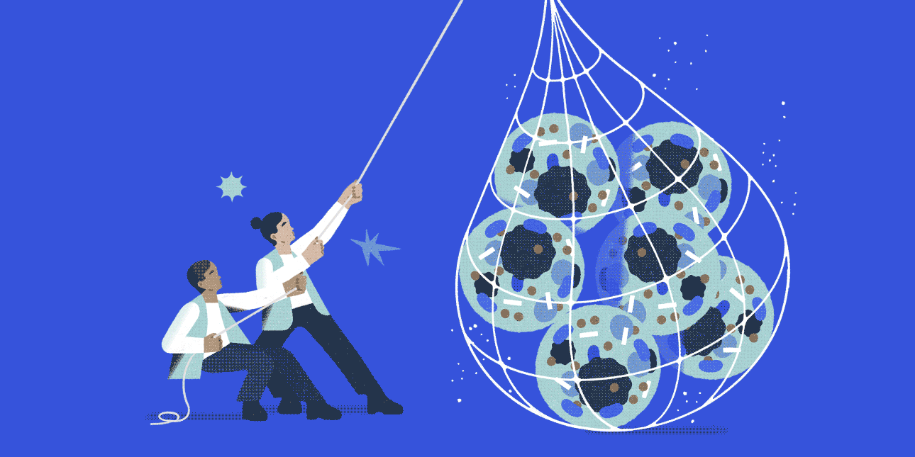 An illustration of two people wearing pants and vests over long-sleeve shirts pulling on a rope that is connected to a net. Inside the net are multi-colored balls representing toxic proteins being trapped. The background of the illustration is blue.