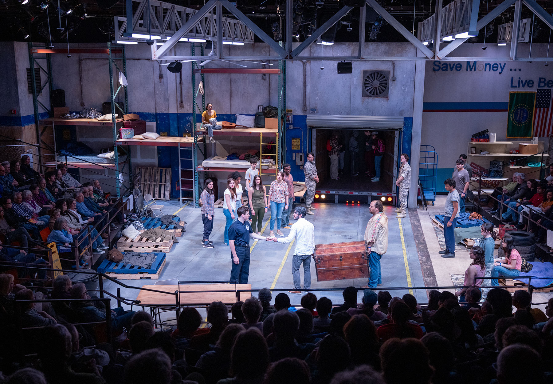 A wide view of the Barber Theater stage from up in the audience seating area, during the final performance of Man of La Mancha.