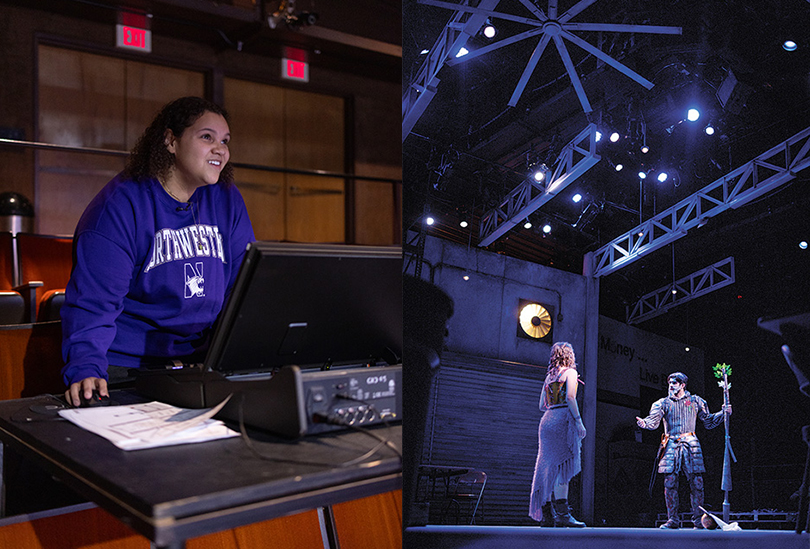 (Left) Sierra Walker wears a purple Northwestern sweatshirt while operating her lightboard from the seating area in the Barber Theater. (Right) An actor in a dress stands with their back to the audience, facing Don Quixote. Above them, cameras light up, mimicking starlight.