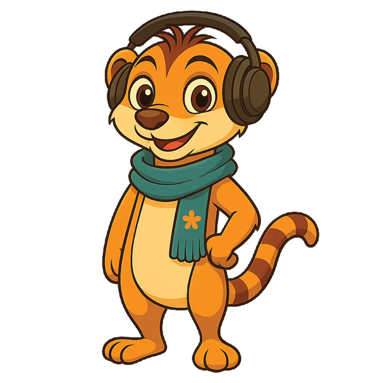 An illustration of Miko the Meerkat wearing a blue scarf and smiling. 