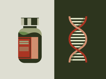 Red, green and cream-colored illustrations of a medicine vial, a double helix, a microscope and a bird’s eye view of a brain scan. 