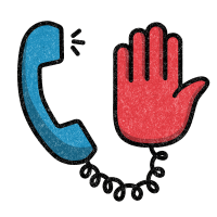 A blue telephone handset with a curly cord connected to a raised red hand, emphasizing blocked communication.