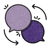 Two overlapping speech bubbles in shades of purple with circular arrows around them.