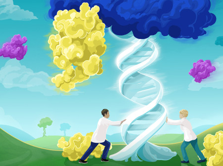 A whimsical, colorful illustration depicts a tree made up of DNA strands with a cytokine protein hanging off of a branch. Two scientists in white lab coats are shaking the tree trunk, trying to get the protein to release from the DNA tree. In the background there are rolling hills with other DNA trees on them, and cytokine proteins hovering in the sky.